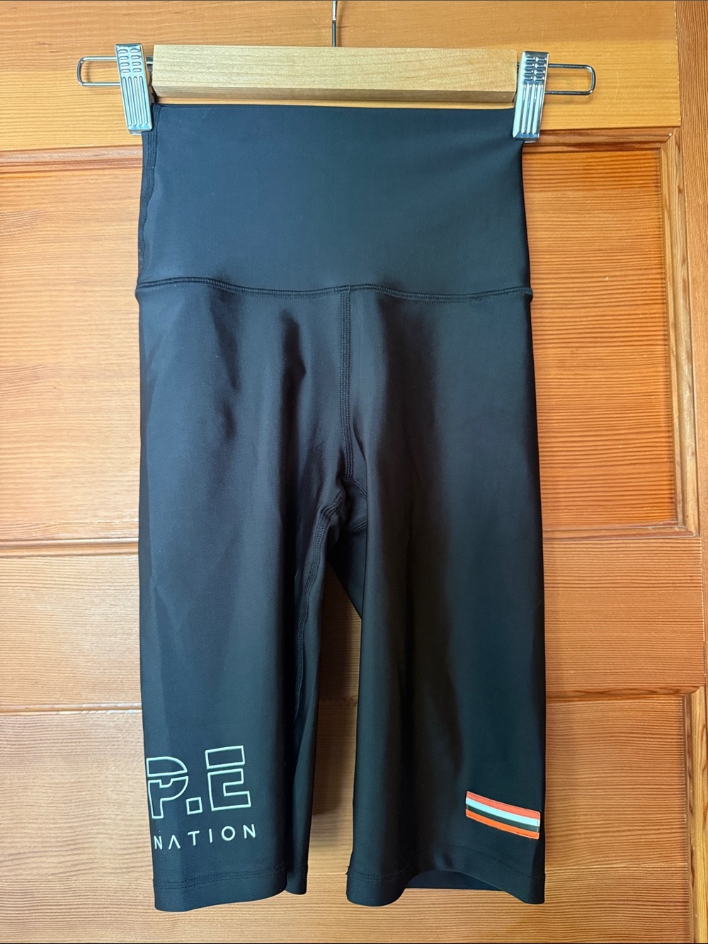 P.E Nation Black Bike Shorts with Multicolor Stripe Accent